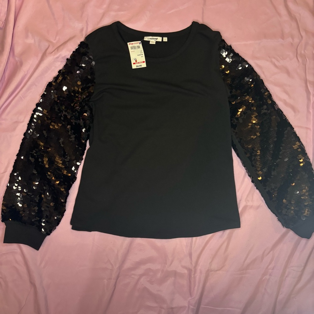 Chico's Black Top with Sequin Sleeves